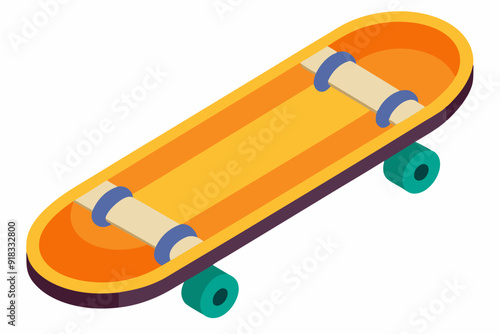 Isometric Illustration of a Skateboard with Orange Deck and Teal Wheels