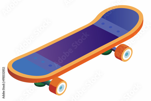 Isometric View of a Skateboard with Blue Deck and Orange Wheels