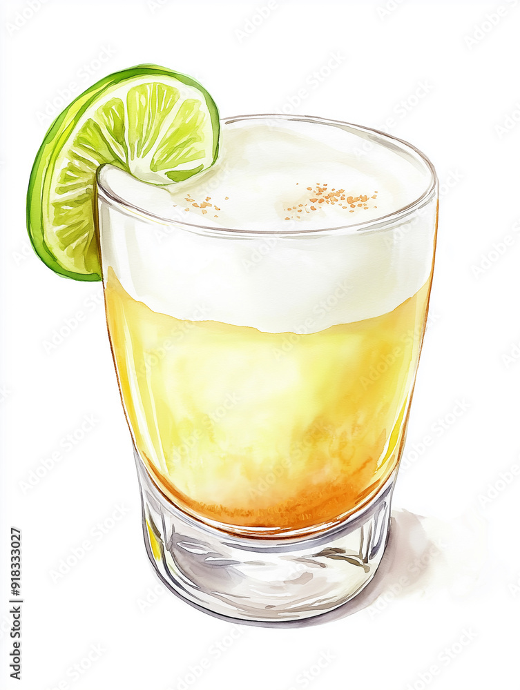 Watercolor Pisco Sour cocktail lime illustration, isolated on white background, Summer Drink Watercolor Pisco Sour cocktail lime illustration, isolated on white background, Summer Drink