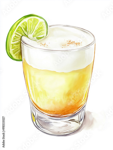 Watercolor Pisco Sour cocktail lime illustration, isolated on white background, Summer Drink