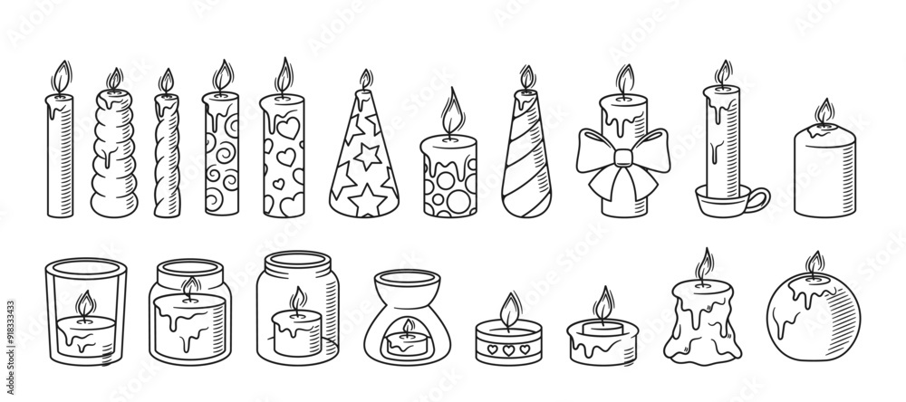 Fototapeta premium Hand-drawn Doodle Vector Illustration Featuring Diverse Collection Of Candles With Different Shapes, Patterns And Decor