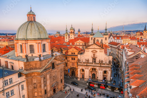 View of the city of Prague city and Charles bridge from Old Town Bridge Tower in Prague, Czech Republic.