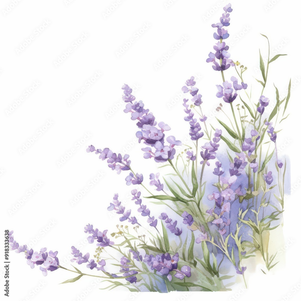 Obraz premium Watercolor lavender flowers illustration with purple blossoms and green leaves isolated on a white background.