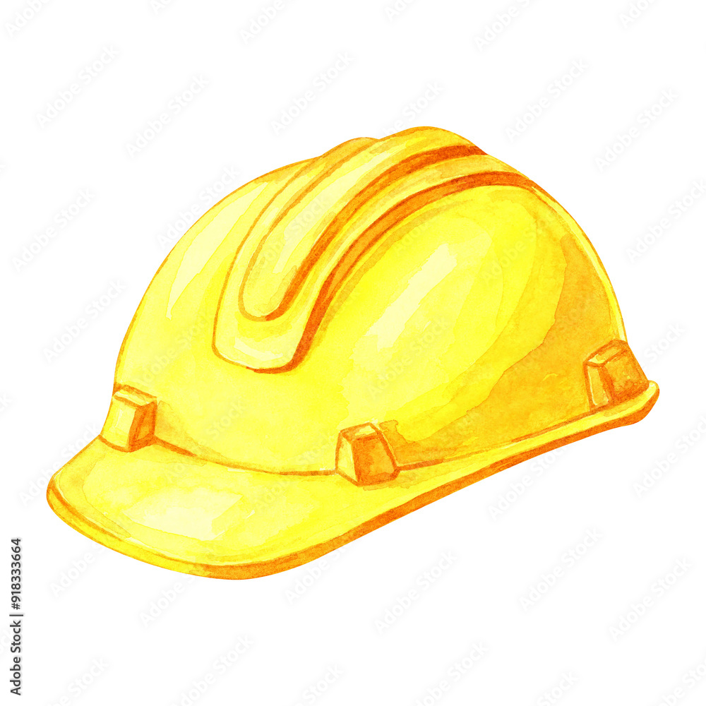Fototapeta premium Safety helmet in bright yellow color. Watercolor clipart of the protective headwear. Ideal for use in safety posters, construction company logos, or educational materials on workplace safety