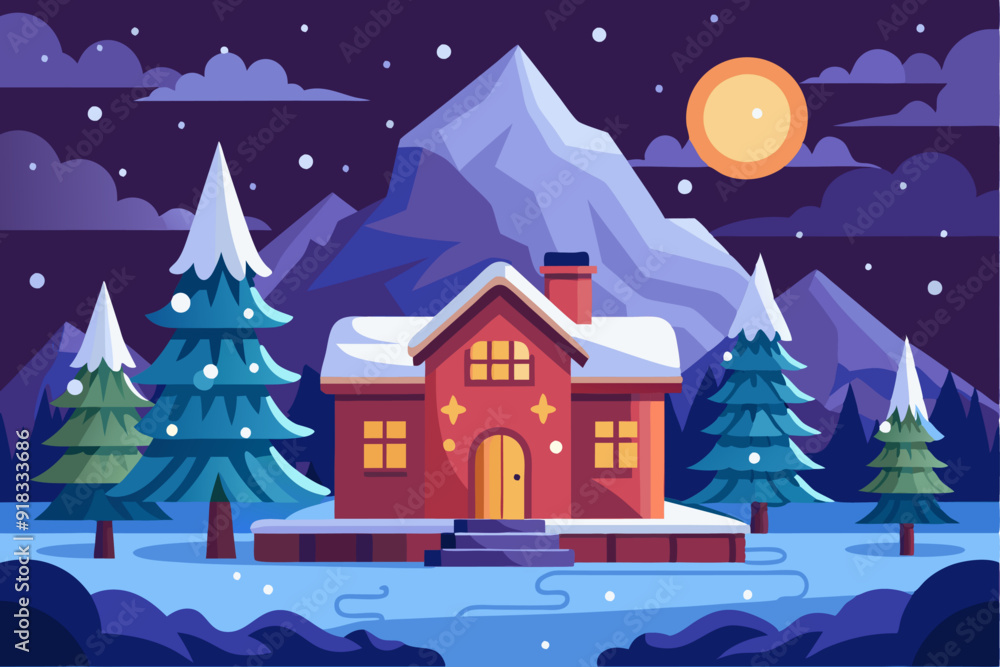 Fototapeta premium A Cozy Cabin Nestled in a Snowy Mountain Landscape at Night