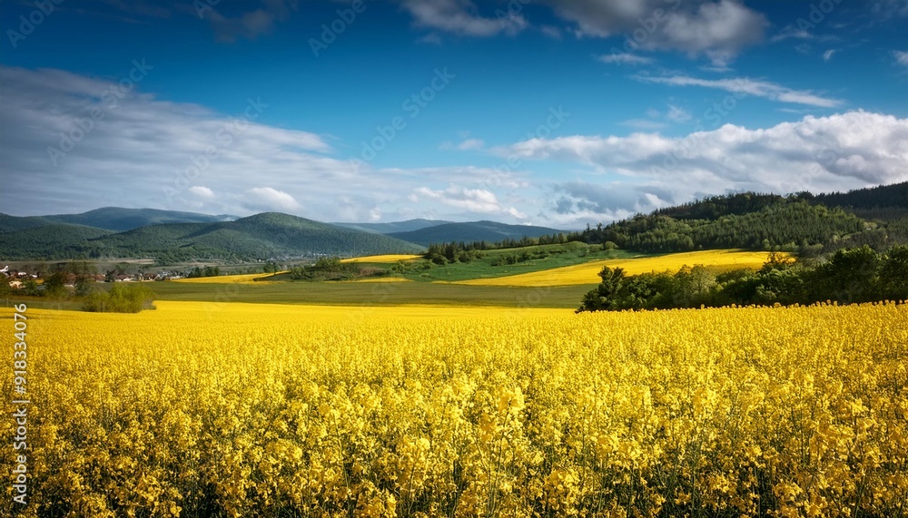 Beautiful bright landscape of large field with yellow rapeseed flowers in summer day in countryside with hills in background Beautiful bright landscape of large field with yellow rapeseed flowers in summer day in countryside with hills in background