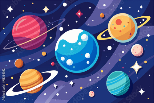 Colorful Planets and Stars in a Dark Blue Cosmic Background