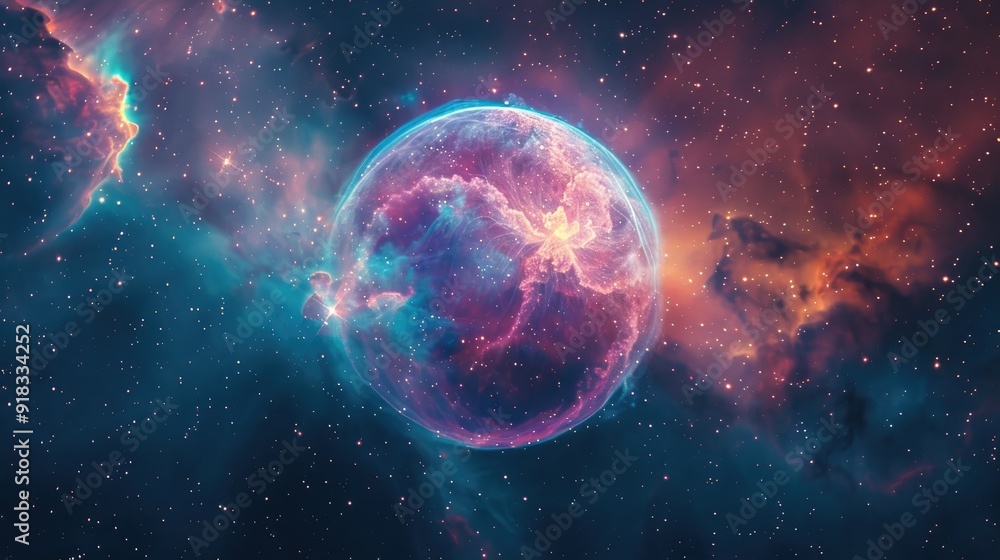 Obraz premium A vibrant, swirling nebula surrounds a glowing, ethereal planet. The colors are rich and saturated, creating a sense of wonder and awe.
