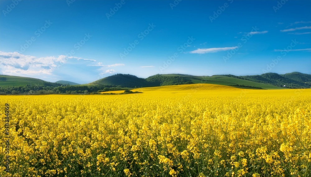 Beautiful bright landscape of large field with yellow rapeseed flowers in summer day in countryside with hills in background Beautiful bright landscape of large field with yellow rapeseed flowers in summer day in countryside with hills in background