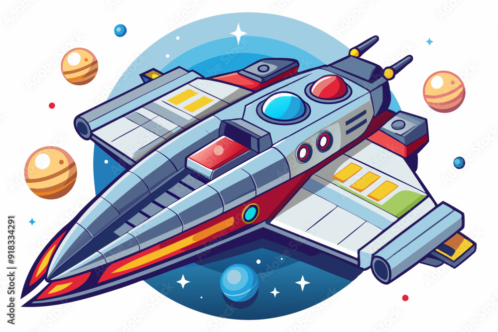 Fototapeta premium Futuristic Spaceship Flying Through Space with Planets and Stars