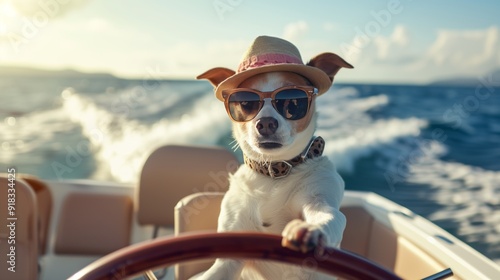Funny dog driving yacht