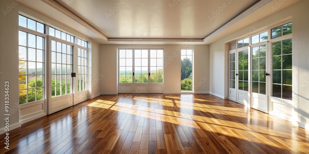 Obraz premium Sunlight Streaming Through Paned Windows onto Hardwood Floor, Interior Design, Room, Natural Light, House