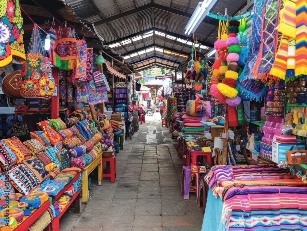 Fototapeta premium Vibrant market aisle showcasing colorful handmade crafts and textiles, perfect for cultural and travel photography.
