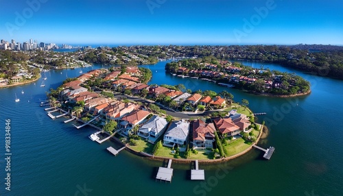Breathtaking aerial view of C shaped residential island with cozy villas located in Sylvania Waters suburban area on sunny day in Sydney
