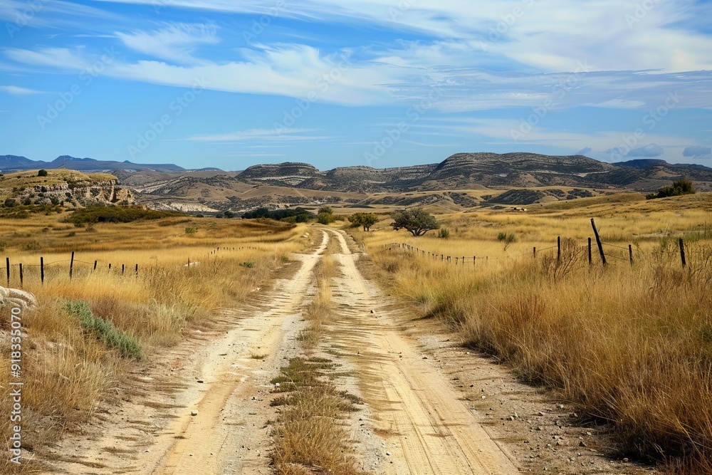 Tranquil landscape featuring a dirt road leading through vast open plains with gentle hills under a clear sky Tranquil landscape featuring a dirt road leading through vast open plains with gentle hills under a clear sky