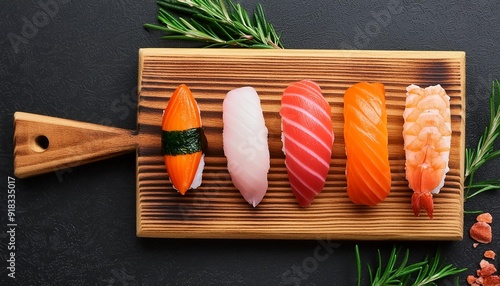 A variety of exquisite sushi beautifully arranged viewed from above. photo