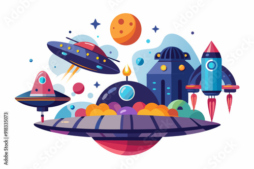Flying Saucers and Spaceship in Space