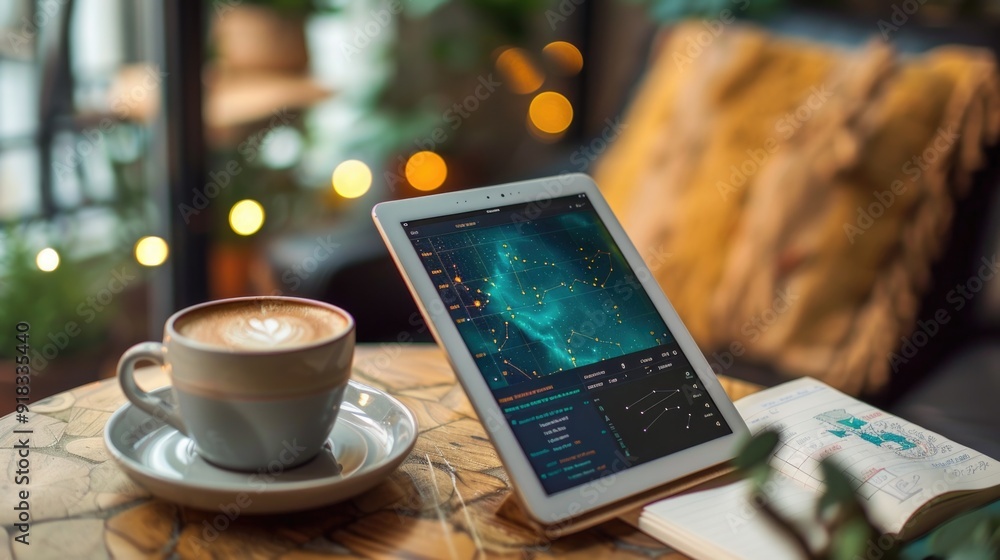 Cozy Coffee Shop Vibe with Digital Tablet and Cappuccino on Table Cozy Coffee Shop Vibe with Digital Tablet and Cappuccino on Table