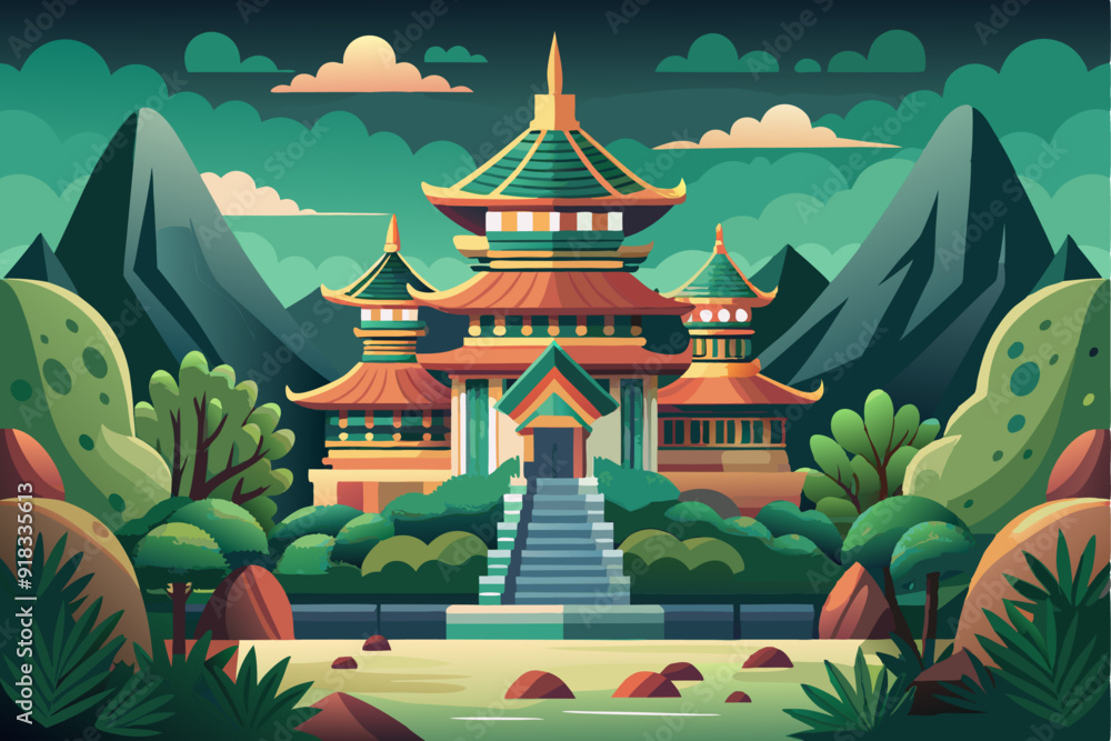 Fototapeta premium Asian Temple Surrounded by Lush Green Mountains and Foliage