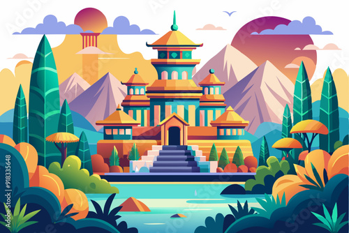 A Serene Asian Palace with Lush Greenery and a Tranquil Lake
