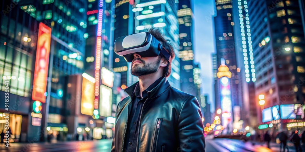 Virtual Reality in the City, Man in VR Headset on a Street with Neon Lights, VR, Urban Landscape, Future Technology, Night, Cityscape Virtual Reality in the City, Man in VR Headset on a Street with Neon Lights, VR, Urban Landscape, Future Technology, Night, Cityscape