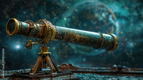 Vintage Brass Telescope with Celestial Background in Steampunk Style