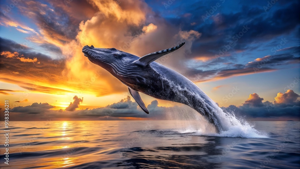 Obraz premium A Symphony of Blues: A Humpback Whale Breaching Against a Twilight Sky AI generated