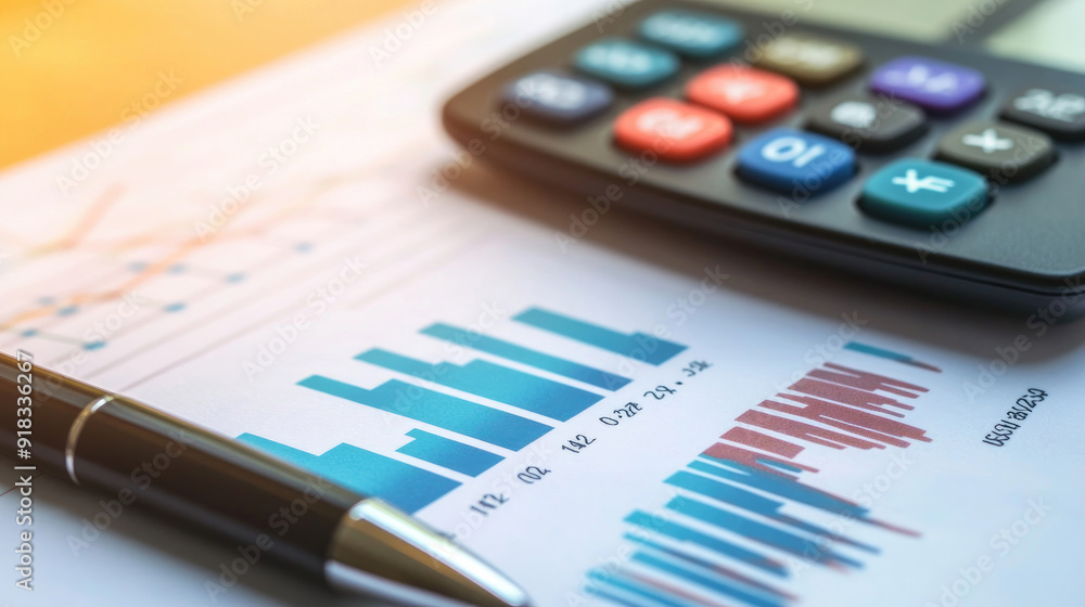 Calculator and Pen on Financial Papers with Charts and Graphs, Economic Data Review Calculator and Pen on Financial Papers with Charts and Graphs, Economic Data Review