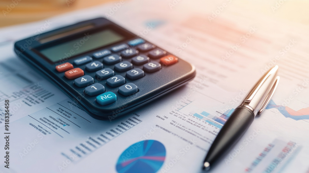 Calculator and Pen on Financial Papers with Charts and Graphs, Economic Data Review Calculator and Pen on Financial Papers with Charts and Graphs, Economic Data Review