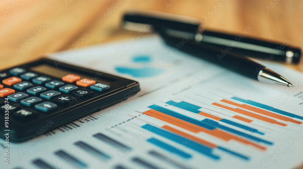 Calculator and Pen on Financial Papers with Charts and Graphs, Economic Data Review Calculator and Pen on Financial Papers with Charts and Graphs, Economic Data Review