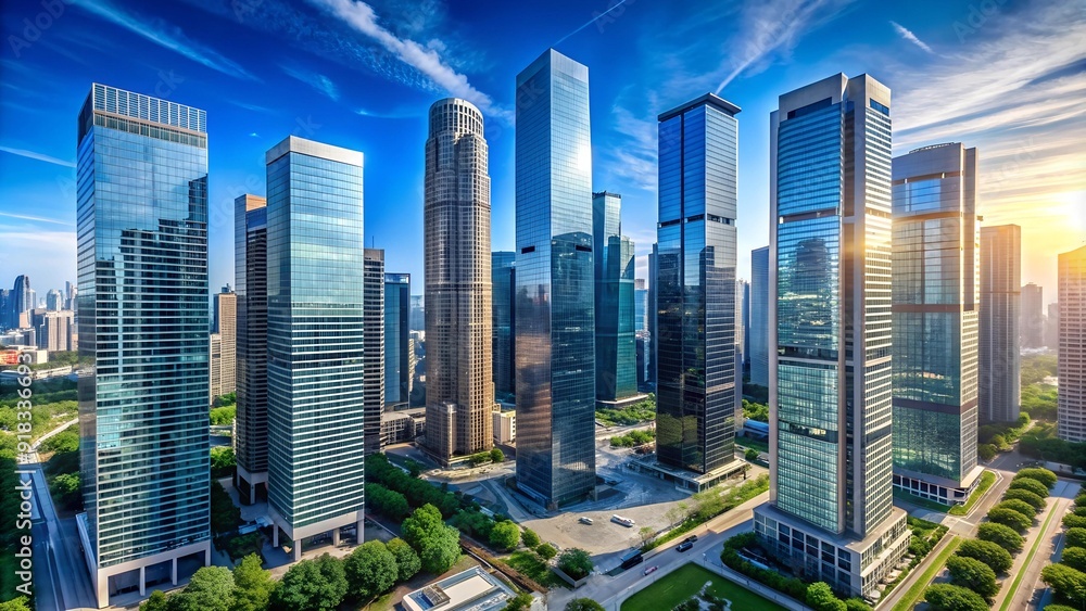 Fototapeta premium A Symphony of Steel and Glass: An Aerial Perspective of a Modern Metropolis Generative AI