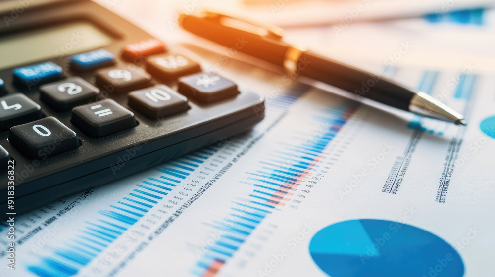Calculator and Pen on Financial Papers with Charts and Graphs, Economic Data Review Calculator and Pen on Financial Papers with Charts and Graphs, Economic Data Review