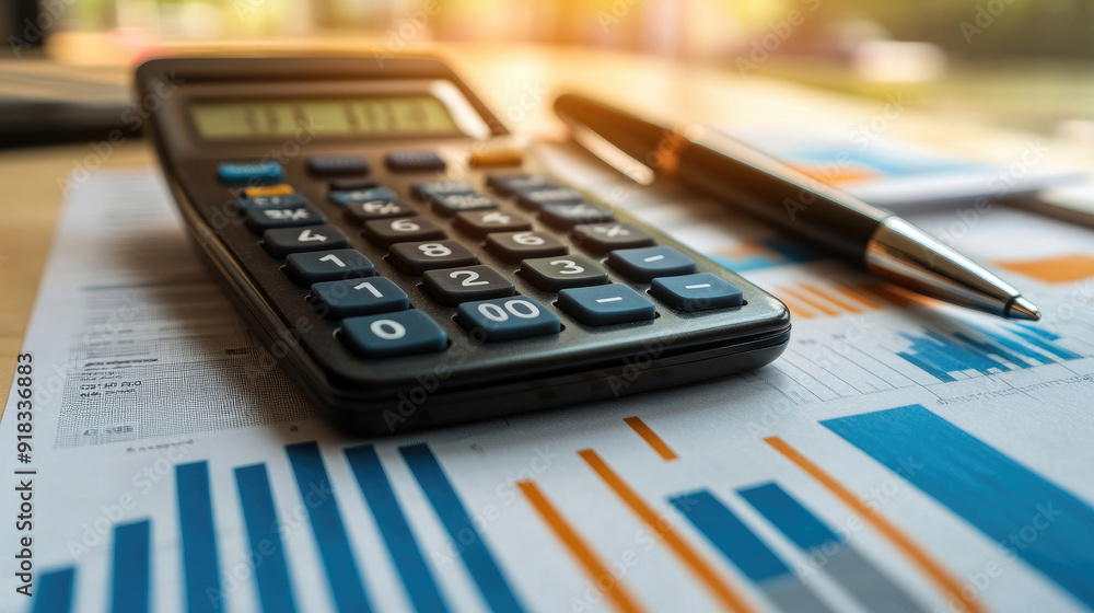 Calculator and Pen on Financial Papers with Charts and Graphs, Economic Data Review Calculator and Pen on Financial Papers with Charts and Graphs, Economic Data Review