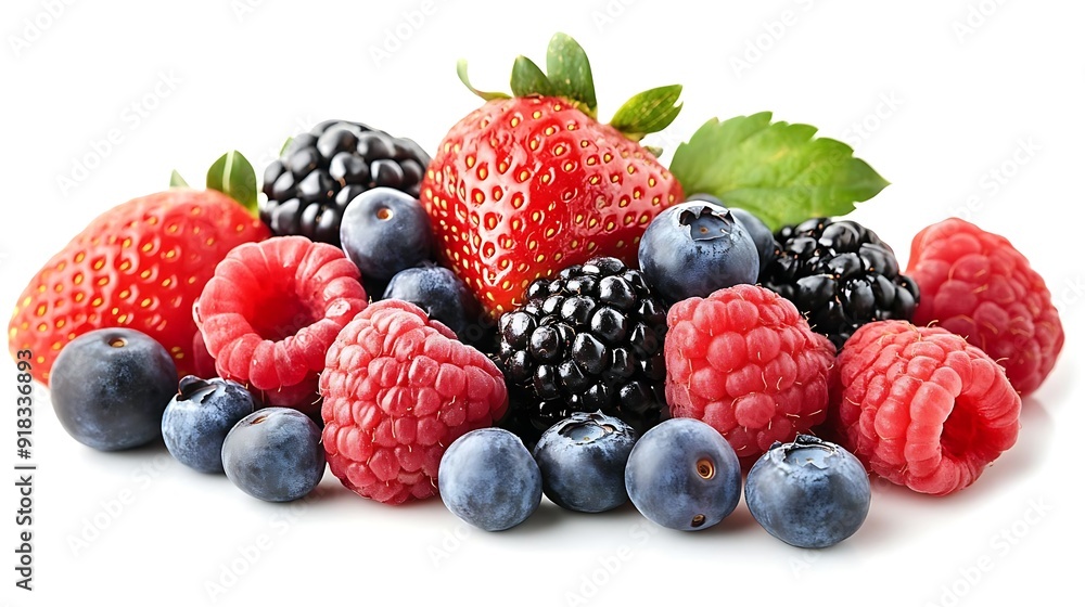 Fresh and Juicy Berries: Raspberries, Blackberries, Strawberries, and Blueberries - Realistic Image