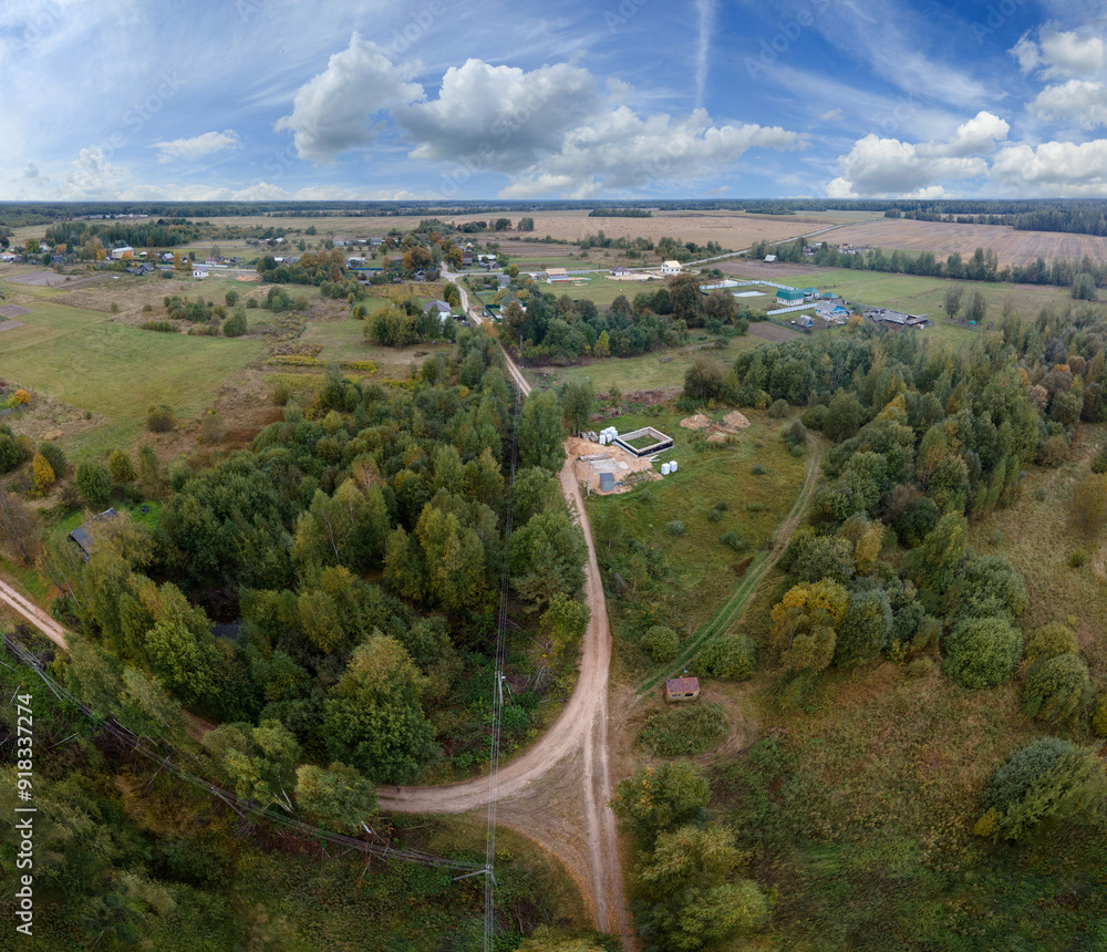 Fototapeta premium View of the roads, landscape and fields from the height of a flying drone.