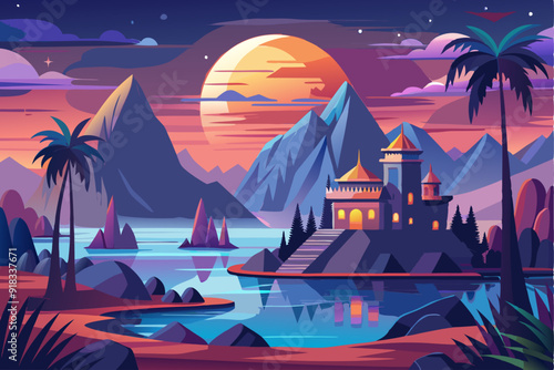 A Nighttime Fantasy Landscape with a Castle, Mountains, and Palm Trees