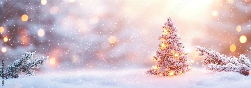 A Snowy Pine Tree with Fairy Lights in a Winter Wonderland A Snowy Pine Tree with Fairy Lights in a Winter Wonderland
