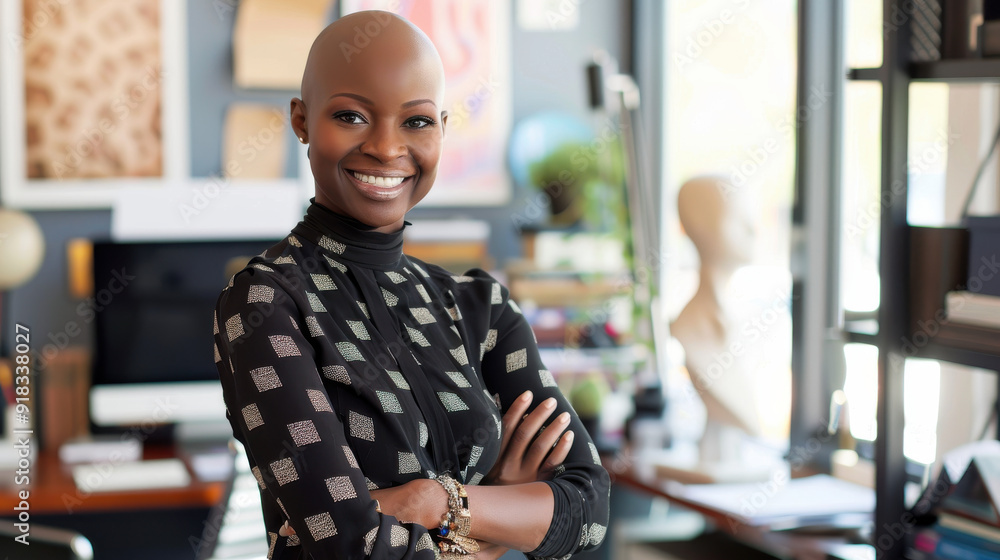 Obraz premium Bald Black female CEO standing at her workstation, smiling brightly and exuding confidence