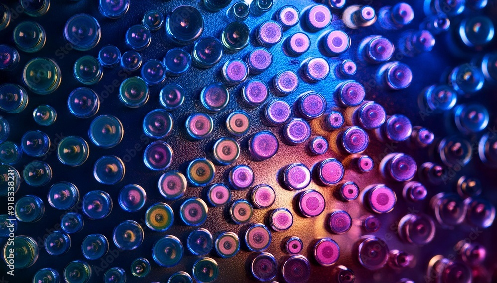 Closeup of abstract background with round shaped cells of vaccine of different sizes illuminated by colorful light Closeup of abstract background with round shaped cells of vaccine of different sizes illuminated by colorful light