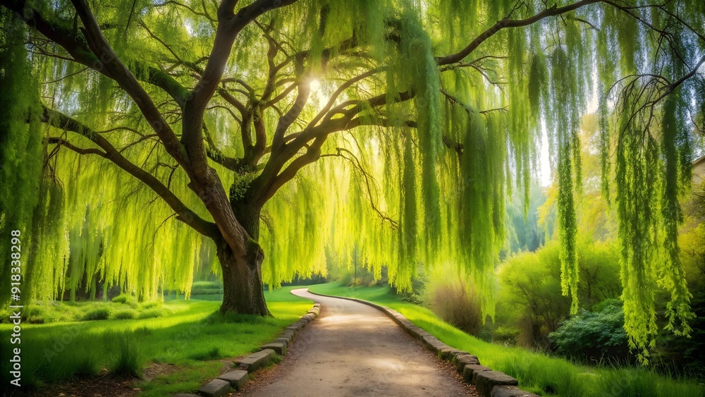 Naklejka premium Whispers of the Willow: A Shy Boy's Secret Garden generative AI