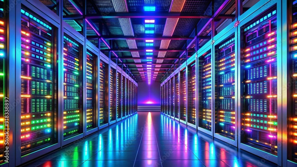 A Futuristic Data Center Symphony: Server Racks with Dynamic LEDs Synchronized to Data Flow AI Generated A Futuristic Data Center Symphony: Server Racks with Dynamic LEDs Synchronized to Data Flow AI Generated