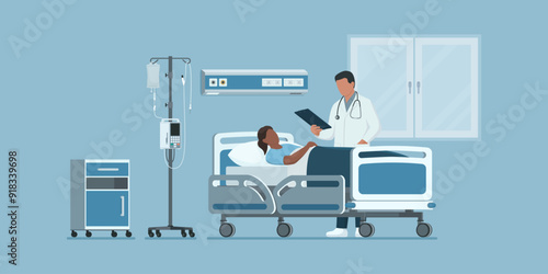 Doctor visiting a patient lying in bed at the hospital, healthcare and medicine concept