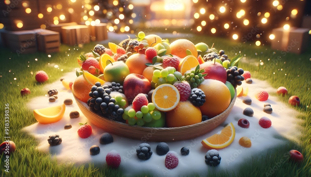 scenic view of fruits with lights and snow scenic view of fruits with lights and snow