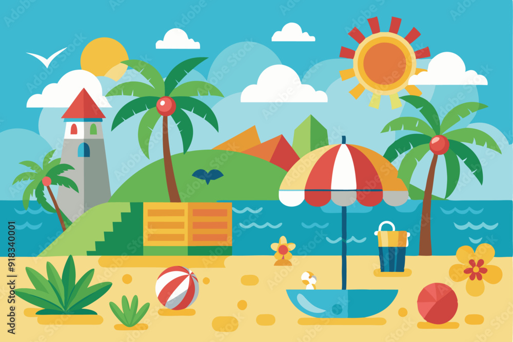 Obraz premium A Sunny Day at the Beach with a Lighthouse and Palm Trees