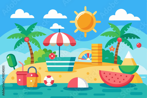 A Summer Beach Scene with Palm Trees, Umbrella, and Watermelon