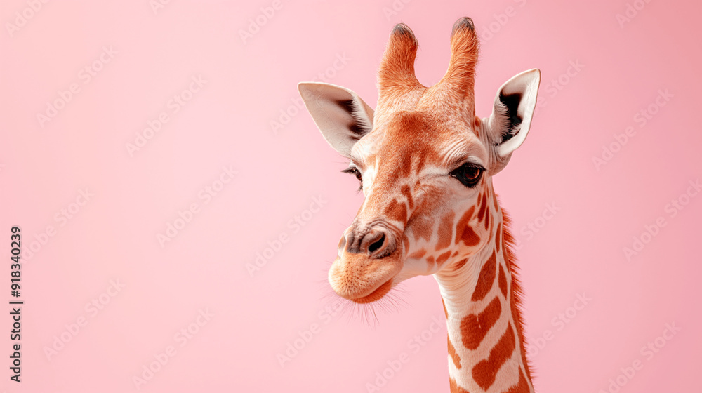 Obraz premium Close-up of a giraffe against a pink background. Copy space. Generative AI 