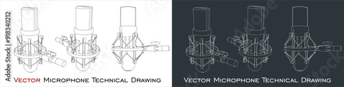 vector radio microphone blueprint for vocal recording, crystal clear sound, close up, artistic ambiance