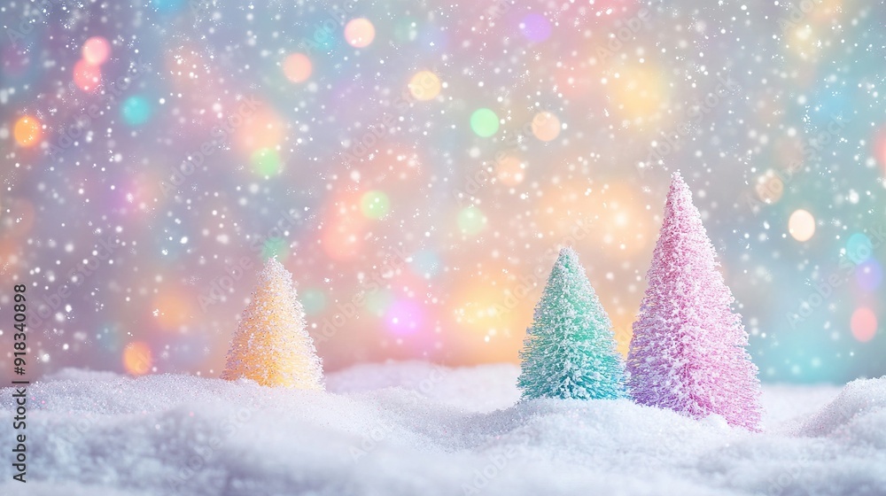 Three Pastel Christmas Trees in Snowy Landscape with Bokeh Lights Three Pastel Christmas Trees in Snowy Landscape with Bokeh Lights
