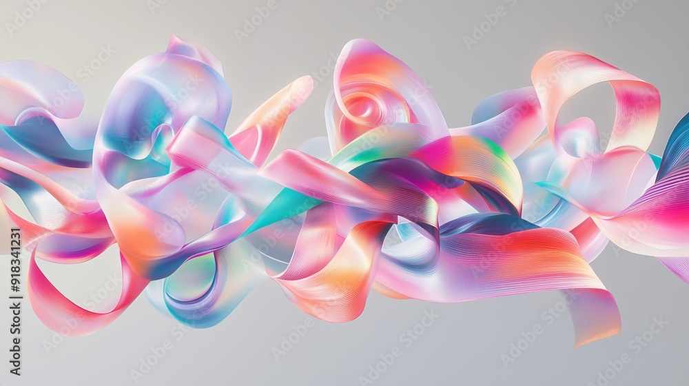 Fototapeta premium A colorful background with swirling shapes reminiscent of plastic strips on a gray background.