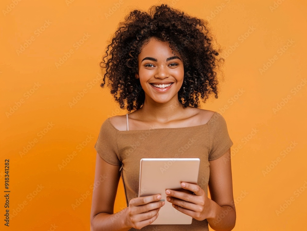 Photo of pleased teenager with curly hairstyle dressed in a chic top holding a tablet in hands beaming isolated on amber color background Photo of pleased teenager with curly hairstyle dressed in a chic top holding a tablet in hands beaming isolated on amber color background